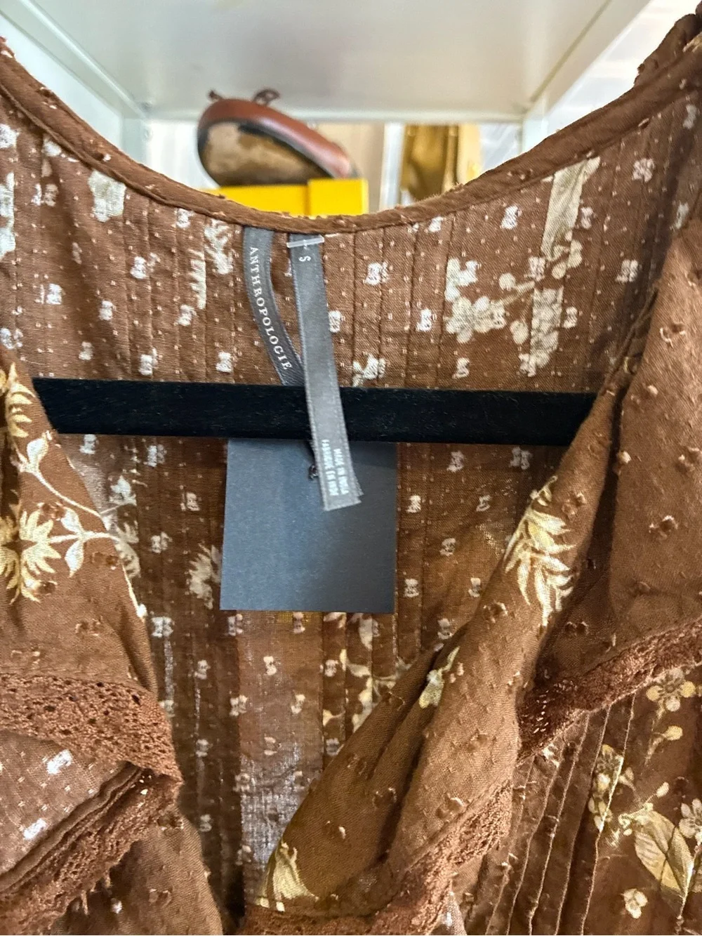 Anthropologie Brown Floral Ruffle Front Blouse